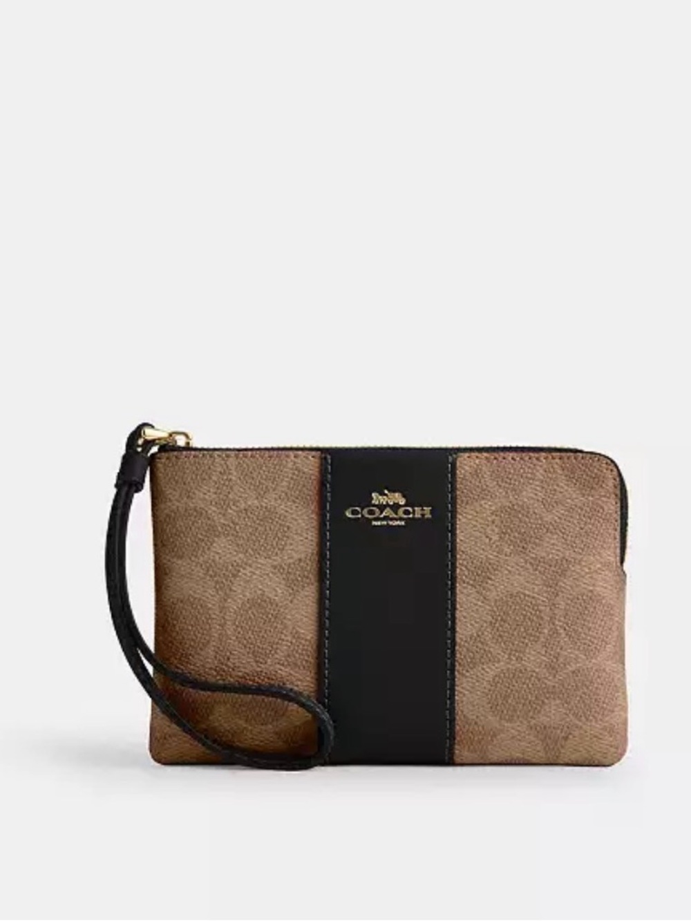 Coach Brown Signature Wristlet with Black Center Stripe